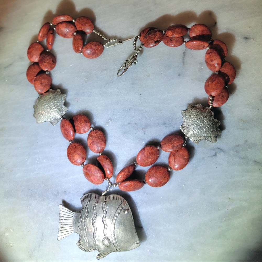 Artisan Necklace Genuine Coral Sterling 925 20" Fish Shell Coastal Beach - Picture 7 of 7